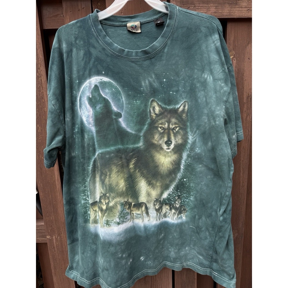 Vintage Liquid Blue Shirt Wolf Nature Men's 4XL Tie Dye Teal